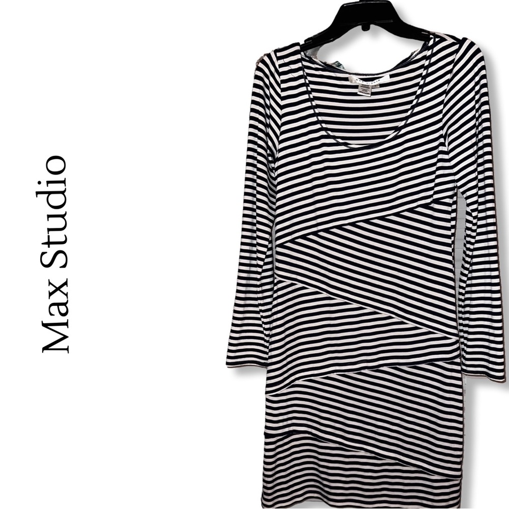 Max Studio Blue & White Scoop Neck Striped Long Sleeve Pullover Stretch Dress
